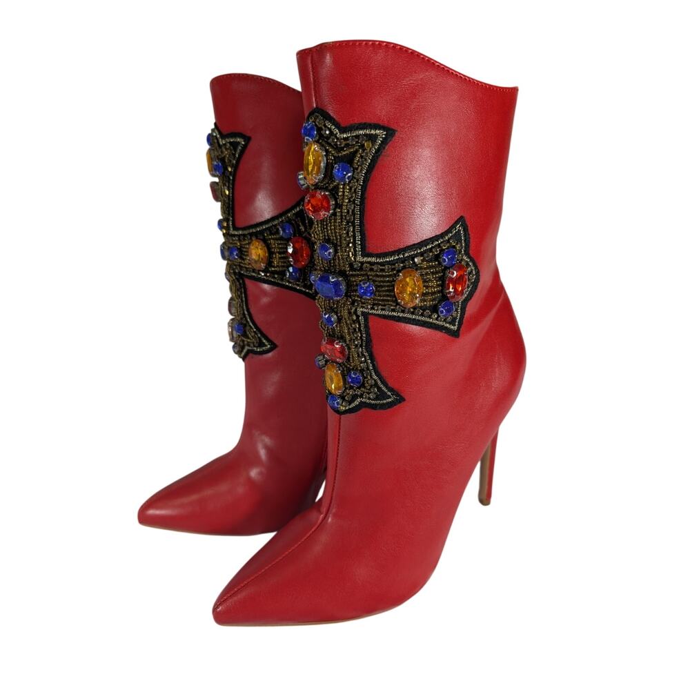 NWOT! FAB ROUGE RED ANKLE BOOTS WITH BEADED & JEWELED, EMBROIDERED CROSS! SZ 6 - Picture 11 of 11